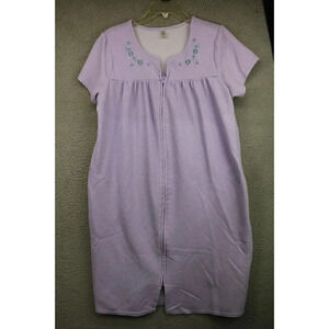 Pink K Women's Purple Full Zip Embroidered Pajama Gown-Medium-Pockets